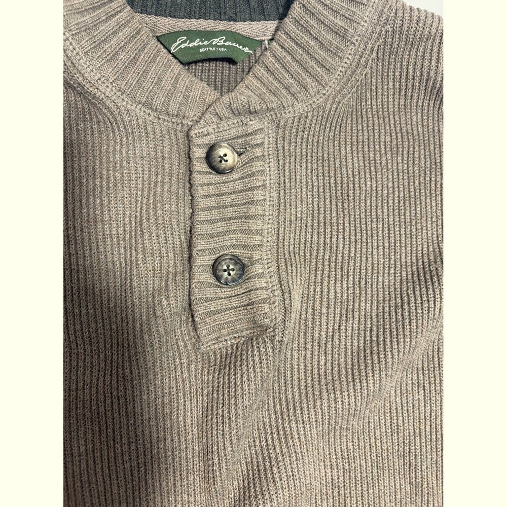 Eddie Bauer Mens XL Taupe Brown Ribbed Knit Cotton Henley Sweater 14003875